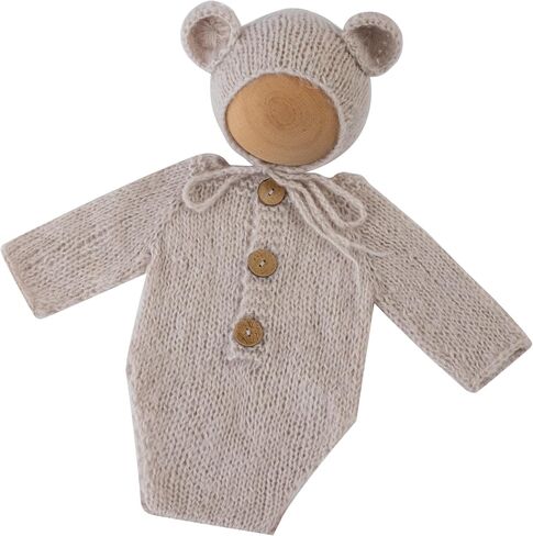 Newborn Photography Props Handmade Bear Hat Romper Set for Baby Boys Girls Photoshoot Knitted Bonnet Bodysuit Photo in Saudi Arabia