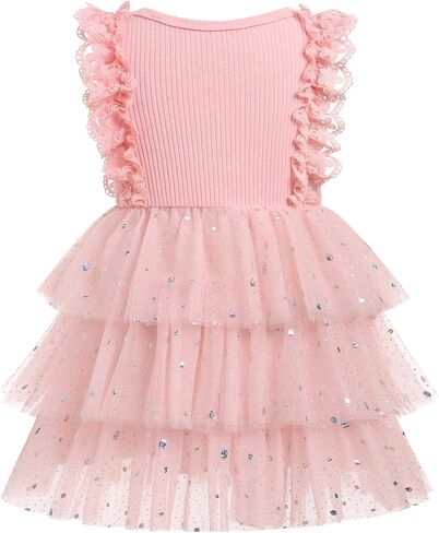 ODASDO Baby Girls Toddler Kids Summer Lace Sleeve Tiered Tulle Tutu Princess Cake Dress Birthday Party Pageant Clothes in Saudi Arabia