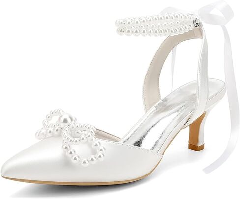 Women's Pearl Kitten Heels with Bow Satin Wedding Shoes for Bride Low Heels Bridal Shoes Pointed Toe Slingback Heels Pumps in Saudi Arabia