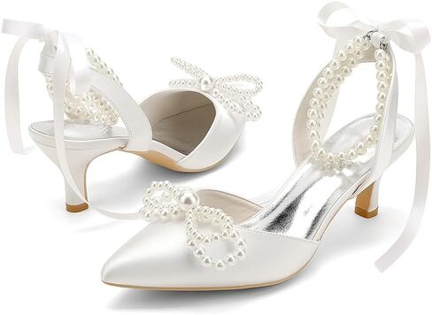 Women's Pearl Kitten Heels with Bow Satin Wedding Shoes for Bride Low Heels Bridal Shoes Pointed Toe Slingback Heels Pumps in Saudi Arabia