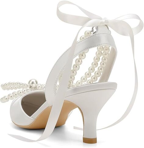 Women's Pearl Kitten Heels with Bow Satin Wedding Shoes for Bride Low Heels Bridal Shoes Pointed Toe Slingback Heels Pumps in Saudi Arabia
