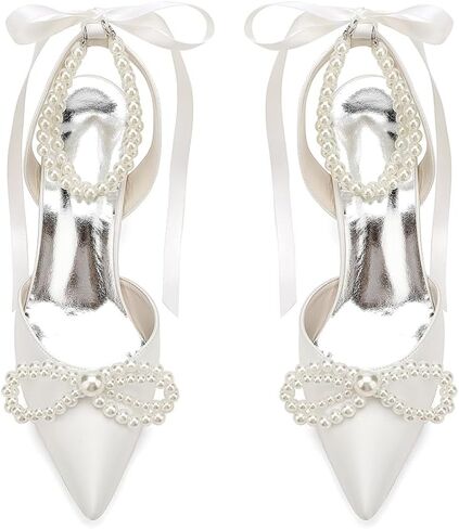 Women's Pearl Kitten Heels with Bow Satin Wedding Shoes for Bride Low Heels Bridal Shoes Pointed Toe Slingback Heels Pumps in Saudi Arabia