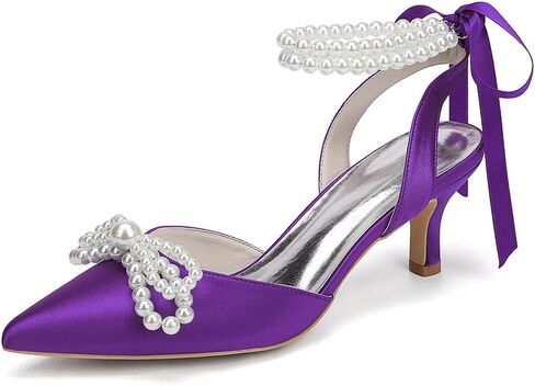 Women's Pearl Kitten Heels with Bow Satin Wedding Shoes for Bride Low Heels Bridal Shoes Pointed Toe Slingback Heels Pumps in Saudi Arabia