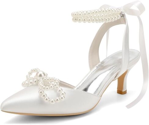 Women's Pearl Kitten Heels with Bow Satin Wedding Shoes for Bride Low Heels Bridal Shoes Pointed Toe Slingback Heels Pumps in Saudi Arabia