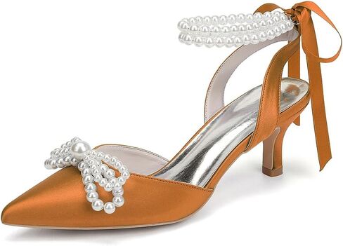 Women's Pearl Kitten Heels with Bow Satin Wedding Shoes for Bride Low Heels Bridal Shoes Pointed Toe Slingback Heels Pumps in Saudi Arabia