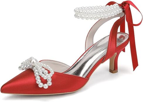 Women's Pearl Kitten Heels with Bow Satin Wedding Shoes for Bride Low Heels Bridal Shoes Pointed Toe Slingback Heels Pumps in Saudi Arabia