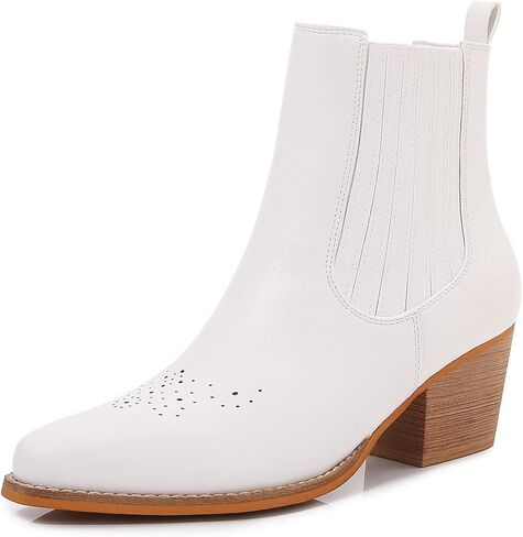 mm Women's Pointed Toe Mid Heels Chelsea Ankle Boots, Slip On Elastic Chunky Block Wooden Heel Short Western Cowboy Short Booties for Ladies, Brown Black White in Kuwait