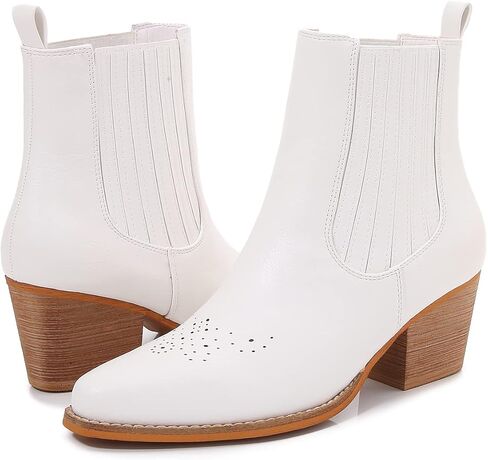 mm Women's Pointed Toe Mid Heels Chelsea Ankle Boots, Slip On Elastic Chunky Block Wooden Heel Short Western Cowboy Short Booties for Ladies, Brown Black White in Kuwait