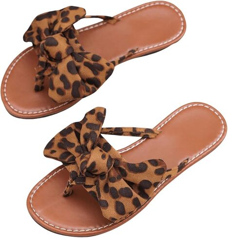 Gorglitter Women's Leopard Print Bow Sandals مسطحات مسطحة تنزلق على صلصة القدم المفتوحة in Kuwait