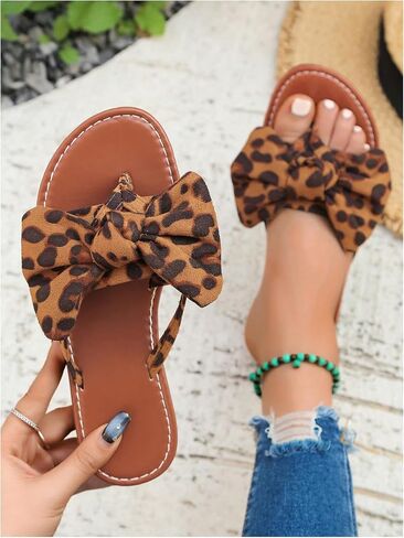 Gorglitter Women's Leopard Print Bow Sandals مسطحات مسطحة تنزلق على صلصة القدم المفتوحة in Kuwait