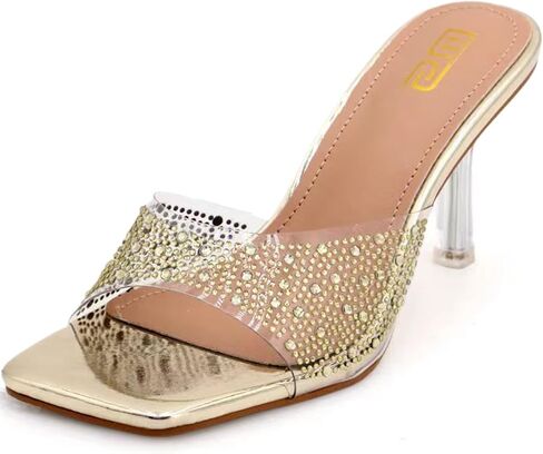 Women's Rhinestone Stiletto Sandals Elegant Square Open Toe Backless Slip-On High Heel Dress Sides Shoes with Clear Rhinestone Design for Evening Party and Wedding Events in Saudi Arabia