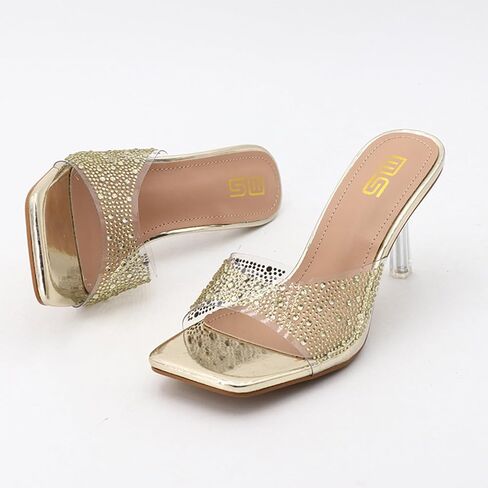 Women's Rhinestone Stiletto Sandals Elegant Square Open Toe Backless Slip-On High Heel Dress Sides Shoes with Clear Rhinestone Design for Evening Party and Wedding Events in Saudi Arabia