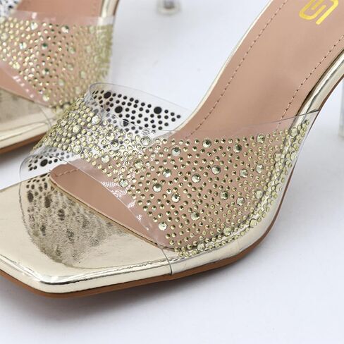 Women's Rhinestone Stiletto Sandals Elegant Square Open Toe Backless Slip-On High Heel Dress Sides Shoes with Clear Rhinestone Design for Evening Party and Wedding Events in Saudi Arabia