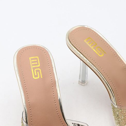 Women's Rhinestone Stiletto Sandals Elegant Square Open Toe Backless Slip-On High Heel Dress Sides Shoes with Clear Rhinestone Design for Evening Party and Wedding Events in Saudi Arabia