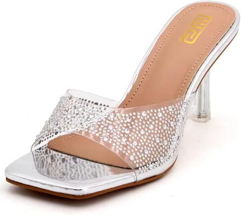Women's Rhinestone Stiletto Sandals Elegant Square Open Toe Backless Slip-On High Heel Dress Sides Shoes with Clear Rhinestone Design for Evening Party and Wedding Events in Saudi Arabia