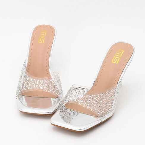 Women's Rhinestone Stiletto Sandals Elegant Square Open Toe Backless Slip-On High Heel Dress Sides Shoes with Clear Rhinestone Design for Evening Party and Wedding Events in Saudi Arabia
