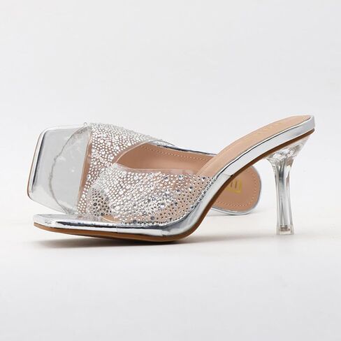Women's Rhinestone Stiletto Sandals Elegant Square Open Toe Backless Slip-On High Heel Dress Sides Shoes with Clear Rhinestone Design for Evening Party and Wedding Events in Saudi Arabia