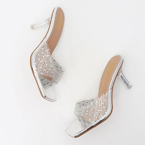 Women's Rhinestone Stiletto Sandals Elegant Square Open Toe Backless Slip-On High Heel Dress Sides Shoes with Clear Rhinestone Design for Evening Party and Wedding Events in Saudi Arabia