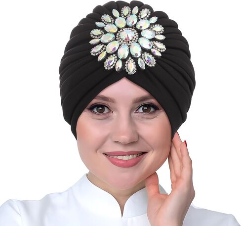 Bohend Rhinestone Turban Hat for Women Stretch Headwarp Pre Tied Head Cover Bonnet Muslim Crysta Pleated Headscarf Hat in Saudi Arabia