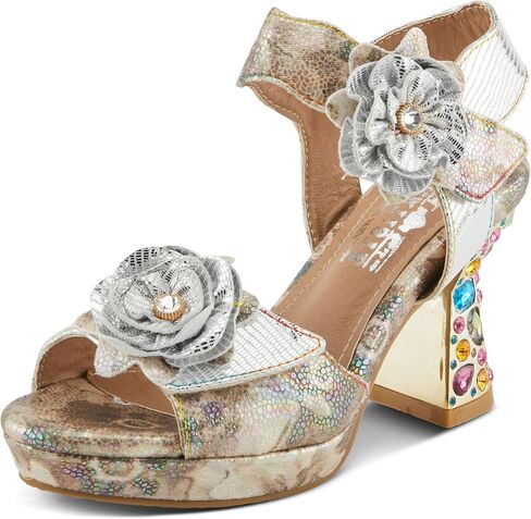 Spring Step L'Artiste Women's SMASHING Metallic Leather Sandals - Opulent Decorative Flowers, Sculpted Jewel Heel, Wearable Art Footwear in Saudi Arabia