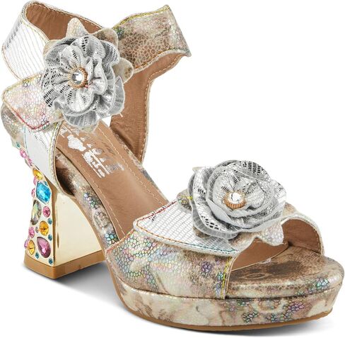 Spring Step L'Artiste Women's SMASHING Metallic Leather Sandals - Opulent Decorative Flowers, Sculpted Jewel Heel, Wearable Art Footwear in Saudi Arabia