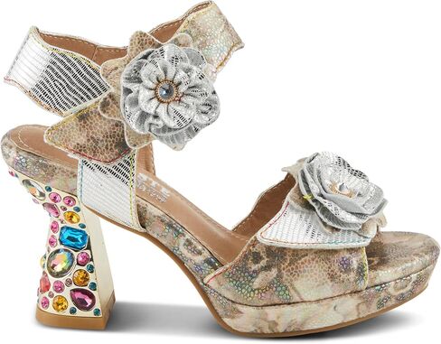 Spring Step L'Artiste Women's SMASHING Metallic Leather Sandals - Opulent Decorative Flowers, Sculpted Jewel Heel, Wearable Art Footwear in Saudi Arabia