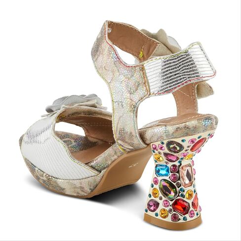 Spring Step L'Artiste Women's SMASHING Metallic Leather Sandals - Opulent Decorative Flowers, Sculpted Jewel Heel, Wearable Art Footwear in Saudi Arabia