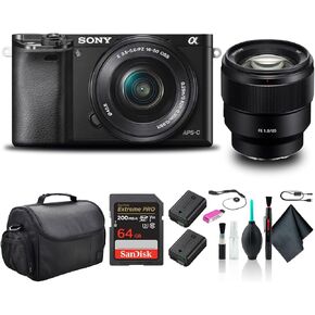 Sony Alpha a6000 Mirrorless Camera with 16-50mm and 55-210mm Lenses ILCE6000Y/B with Sony FE 85mm Lens, Soft Bag, Additional Battery, 64GB Card, Card Reader, Plus Accessories