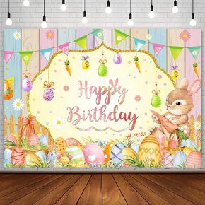 7x5ft Bunny Happy Birthday Backdrop for Boy Girl Easter Rabbit Spring Egg Floral Bunny One Photography Background Color Wood Party Decorations Supplies Banner Photoshoot Props