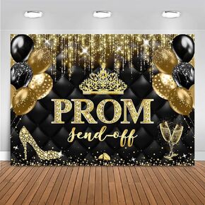 Mocsicka Prom Send Off 2025 Backdrop Gold Crown Graduation Prom Night Party Decorations Banner Graduate Photography Background Supplies (Gold, 7x5ft(82''x60''))