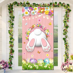 Easter Door Cover Happy Easter Decorations Easter Bunny Tail Banner Easter Egg Hunt Banner Welcome Spring Outdoor Indoor Backdrop for Easter Bunny Party Supplies