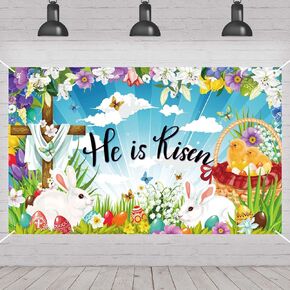 Easter He Is Risen Backdrop Bunny Egg Rabbit Photography Backdrop Resurrection Cross Photo Decorations Photo Background Easter Grass Wall Decor