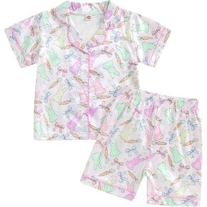 Toddler Baby Boy Girl Easter Silk Pajamas Floral Bunny Short Sleeve Button Shirts Lounge Shorts Satin Pjs Sleepwear