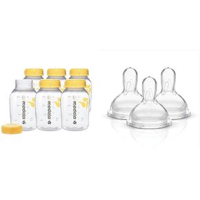 Medela Breast Milk Collection and Storage Bottles, 6 Pack, 5 Ounce Breastmilk Container & Slow Flow Spare Nipples with Wide Base, 3 Pack, Compatible Storage Bottles