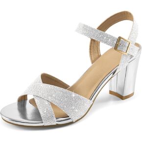 HARENCE Heels for Women Dressy Sandals: Womens Open Toe Ankle Strap Chunky Heel Pump Sandal Fashion Wedding Party Office Glitter Heeled Shoes