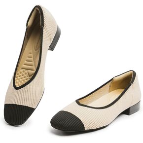 Women's Flats with Arch Support, Square Toe Knit Flats for Women, Comfortable Knit Slip On Dress Shoe, Nude and Black Size 8