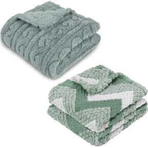 HOMRITAR 2 Pack 3D Fleece Fluffy Fuzzy Blanket for Baby + Soft Fleece Fluffy Toddler Blanket with Chevron Pattern Green 30 x 40 Inch