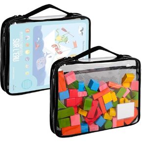 2 Packs Clear PVC Zippered Blocks Set, Waterproof Toy Storage Organizer with Mesh Pocket and Label, Traveling Toy Bags with Handle for Board Games, Building Blocks, Toys, Large