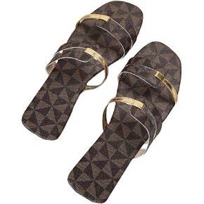 GORGLITTER Women's Metallic Strappy Cut Out Flat Sandals Dressy Leather Square Open Toe Summer Slides