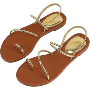 GORGLITTER Women's Metallic Sparkly Strappy Flats Sandal Cute Toe Ring Ankle Sandals Gold 6.5