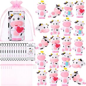 Jenaai 24 Sets Cute Rubber Cow Gifts Set Include Squeak Floating Cows Moo Moo Cards Organza Bags Rubber Animals Figures Bathtub Toy Thank You Favor for Employee Baby Shower Dashboard Decor