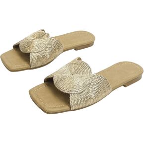 GORGLITTER Women's Braided Straw Flats Square Open Toe Vacation Beach Shoes Single Band Slide Sandals