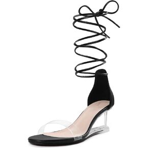 Perphy Clear Strap Lace Up Open Toe Clear Wedges Heel Sandals for Women