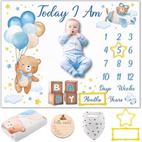 Bear Baby Monthly Milestone Blanket Bear Star Balloon Flannel Blanket Newborn Infant Swaddle Baby Growth Blanket Photography Background with Wooden Signs,Frames,Bibs