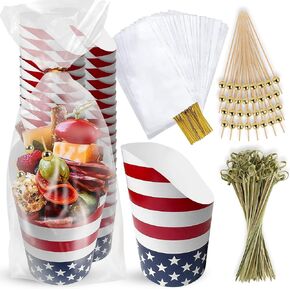 Charcuterie Cups With Sticks - [50 Cups + 200 Picks + 50 Bags & Ties] -14 oz Kraft Charcuterie Cups with Cocktail Picks (3 Types) - Disposable Paper Appetizer Cups - Popcorn Boxes - French Fry Holder