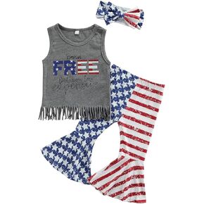 Toddler Baby Girl 4th of July Outfit Sleeveless Vest Tank Top Striped Star American Flag Bell Bottom Pants Set