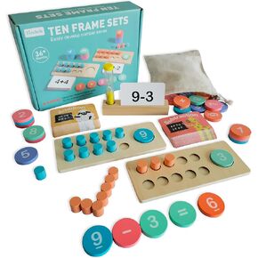 Wooden Counting Peg Board Toddler Toys, Ten Frame Set Montessori Educational Learning, 143 Pieces Math Manipulatives Preschool Number Counting Games, Flashcards Hourglass & Stand Classroom Must Haves