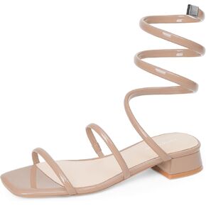 Modatope Two Strap Square Open Toe Strappy Sandals Low Block Heels Spiral Ankle Warp Strap Gladiator Sandals