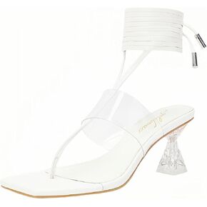 Heels for Women Square Open Toe Lace Up Thong Strappy Heel Sandals Sexy Tie Up Clear Chunky Heeled Sandals for Party Wedding