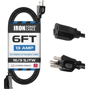 Iron Forge Cable Weatherproof Outdoor Extension Cord 6 ft, 16/3 SJTW Heavy Duty Black Extension Cord 3 Prong, 13 Amp Exterior Power Cable for Outdoor Lights & Lawn US Veteran Owned